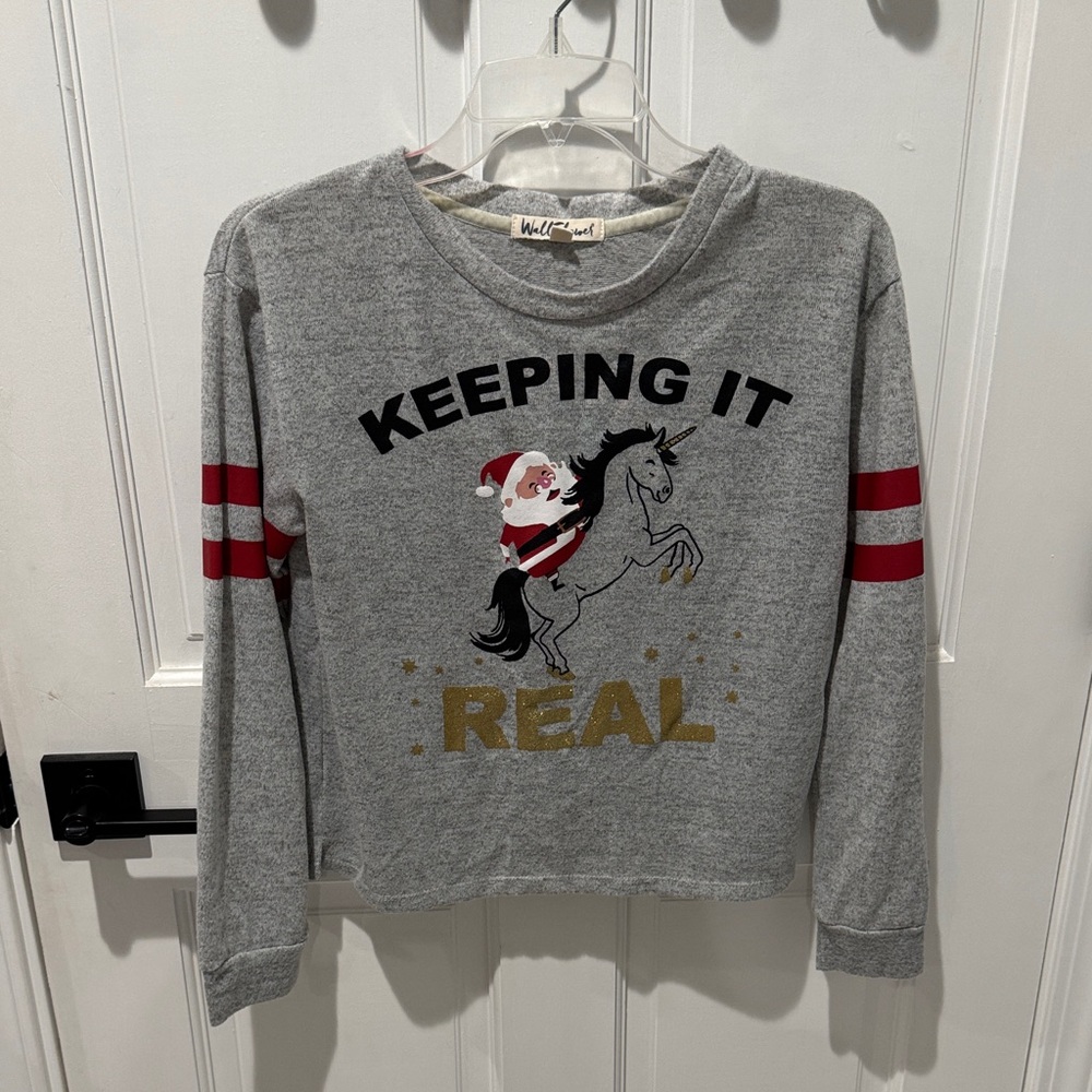 Wallflower Gray Long Sleeve with Red Stripes and Gold Accents Santa Long Sleeved